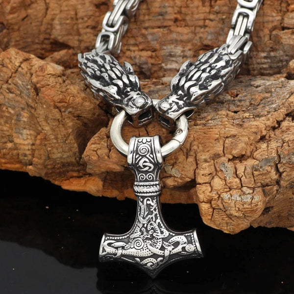 Vikings Dragon Head Mjolnir Stainless Steel Necklace - Ancient Treasures