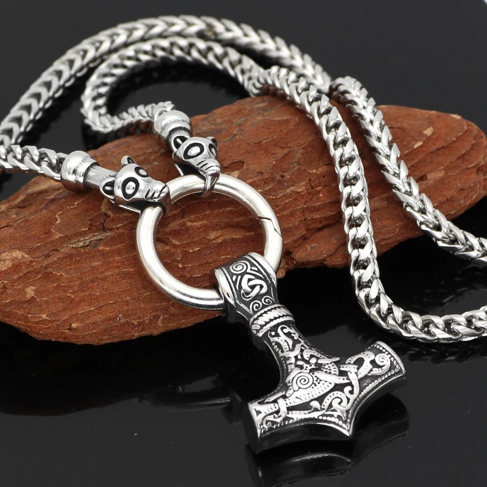 Pendant and Necklaces Vikings Fenrir in Mjolnir Stainless Steel Necklace Ancient Treasures Ancientreasures Viking Odin Thor Mjolnir Celtic Ancient Egypt Norse Norse Mythology