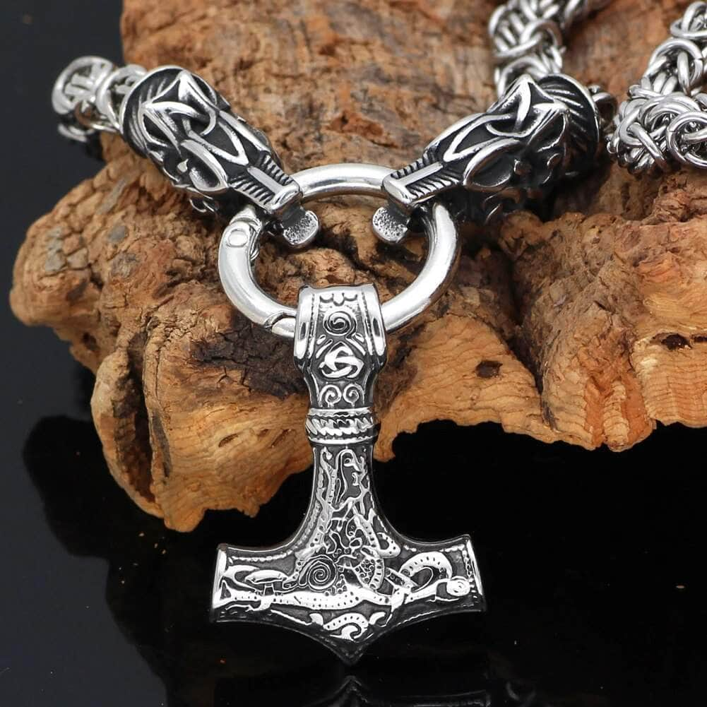 Pendant and Necklaces Vikings Fenrir's Head in Mjolnir Stainless Steel Necklace Ancient Treasures Ancientreasures Viking Odin Thor Mjolnir Celtic Ancient Egypt Norse Norse Mythology