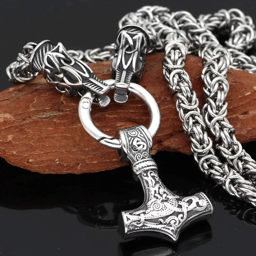 Pendant and Necklaces Vikings Fenrir's Head in Mjolnir Stainless Steel Necklace Ancient Treasures Ancientreasures Viking Odin Thor Mjolnir Celtic Ancient Egypt Norse Norse Mythology