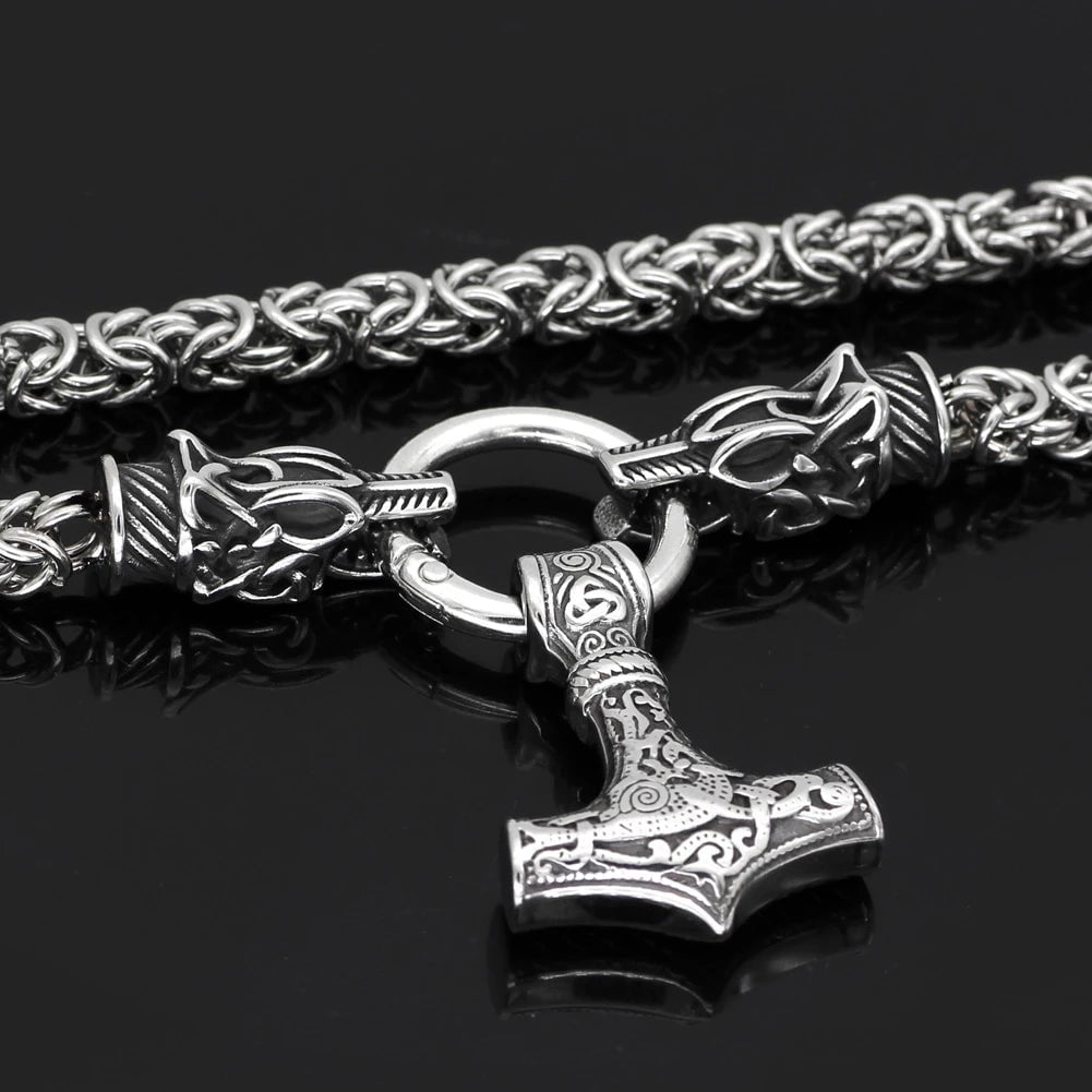 Pendant and Necklaces Vikings Fenrir's Head in Mjolnir Stainless Steel Necklace Ancient Treasures Ancientreasures Viking Odin Thor Mjolnir Celtic Ancient Egypt Norse Norse Mythology