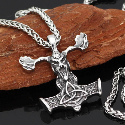 Pendant and Necklaces Vikings Goat Skull Mjolnir Stainless Steel Necklace Ancient Treasures Ancientreasures Viking Odin Thor Mjolnir Celtic Ancient Egypt Norse Norse Mythology