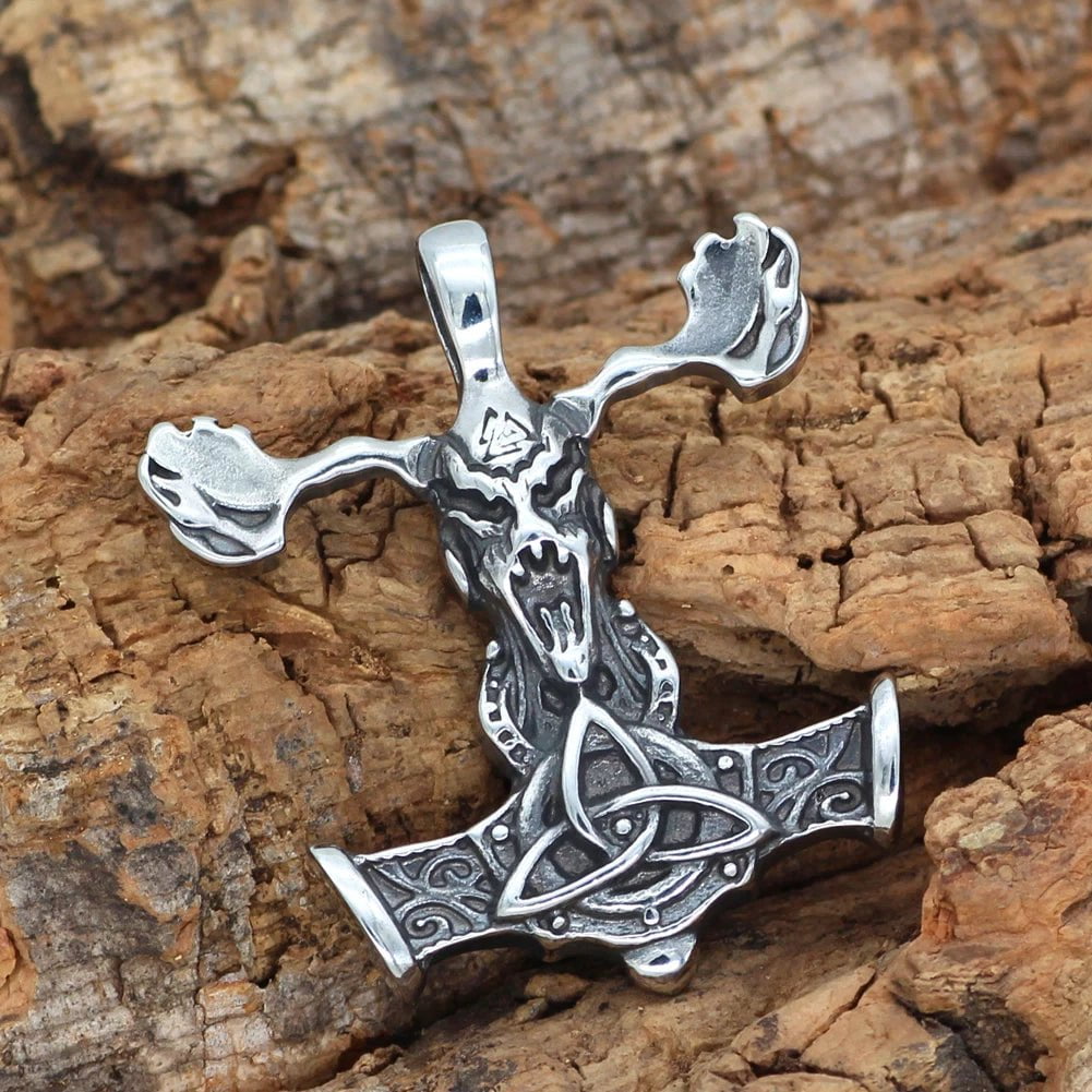 Pendant and Necklaces Vikings Goat Skull Mjolnir Stainless Steel Necklace Ancient Treasures Ancientreasures Viking Odin Thor Mjolnir Celtic Ancient Egypt Norse Norse Mythology