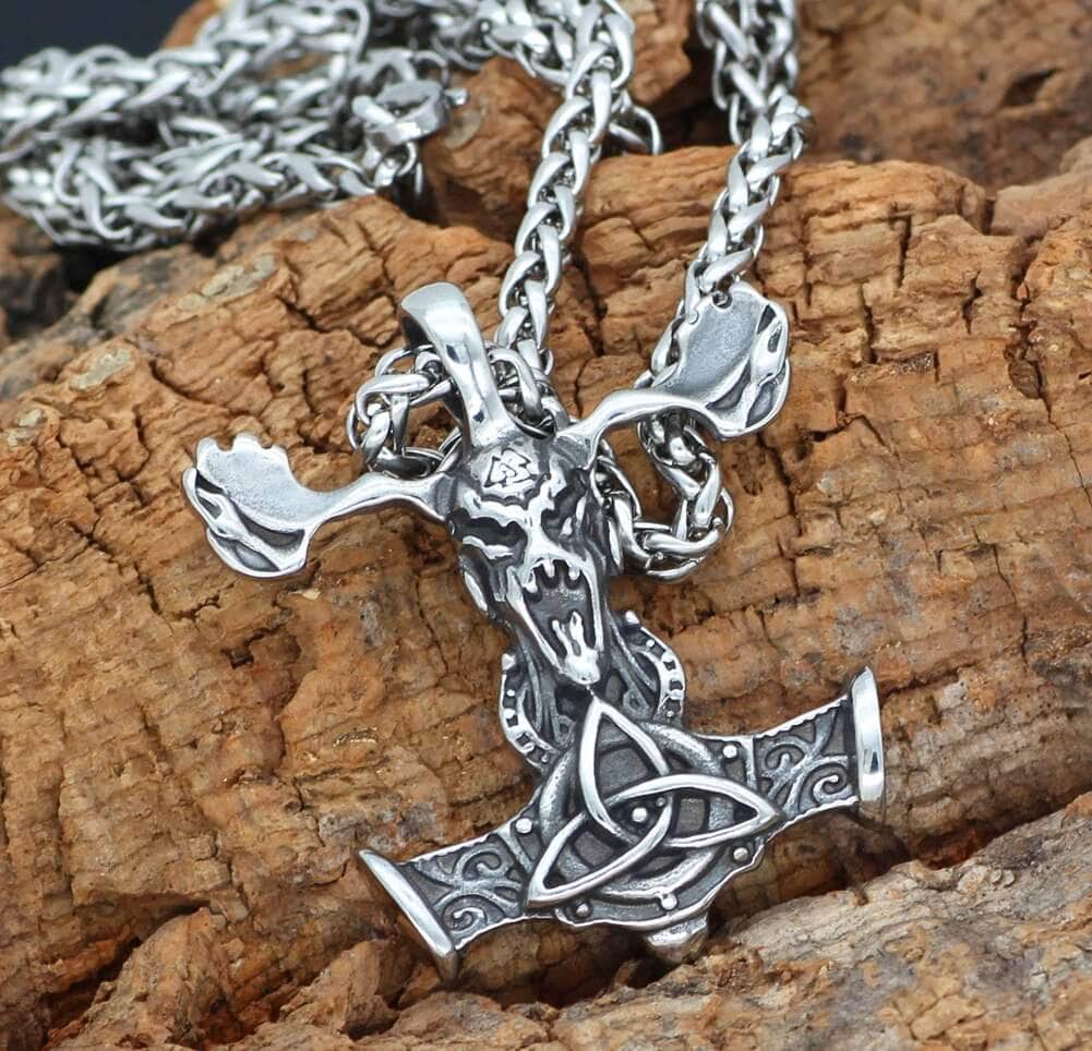 Pendant and Necklaces Vikings Goat Skull Mjolnir Stainless Steel Necklace Ancient Treasures Ancientreasures Viking Odin Thor Mjolnir Celtic Ancient Egypt Norse Norse Mythology