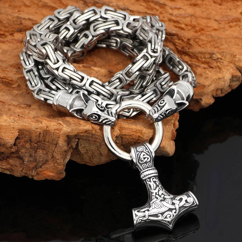 Pendant and Necklaces Vikings Mjolnir in Wolf Head Stainless Steel Necklace Ancient Treasures Ancientreasures Viking Odin Thor Mjolnir Celtic Ancient Egypt Norse Norse Mythology