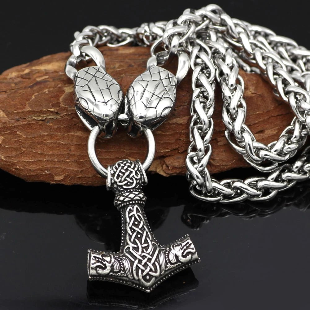 Pendant and Necklaces Vikings Snake Head Mjolnir Stainless Steel Necklace Ancient Treasures Ancientreasures Viking Odin Thor Mjolnir Celtic Ancient Egypt Norse Norse Mythology