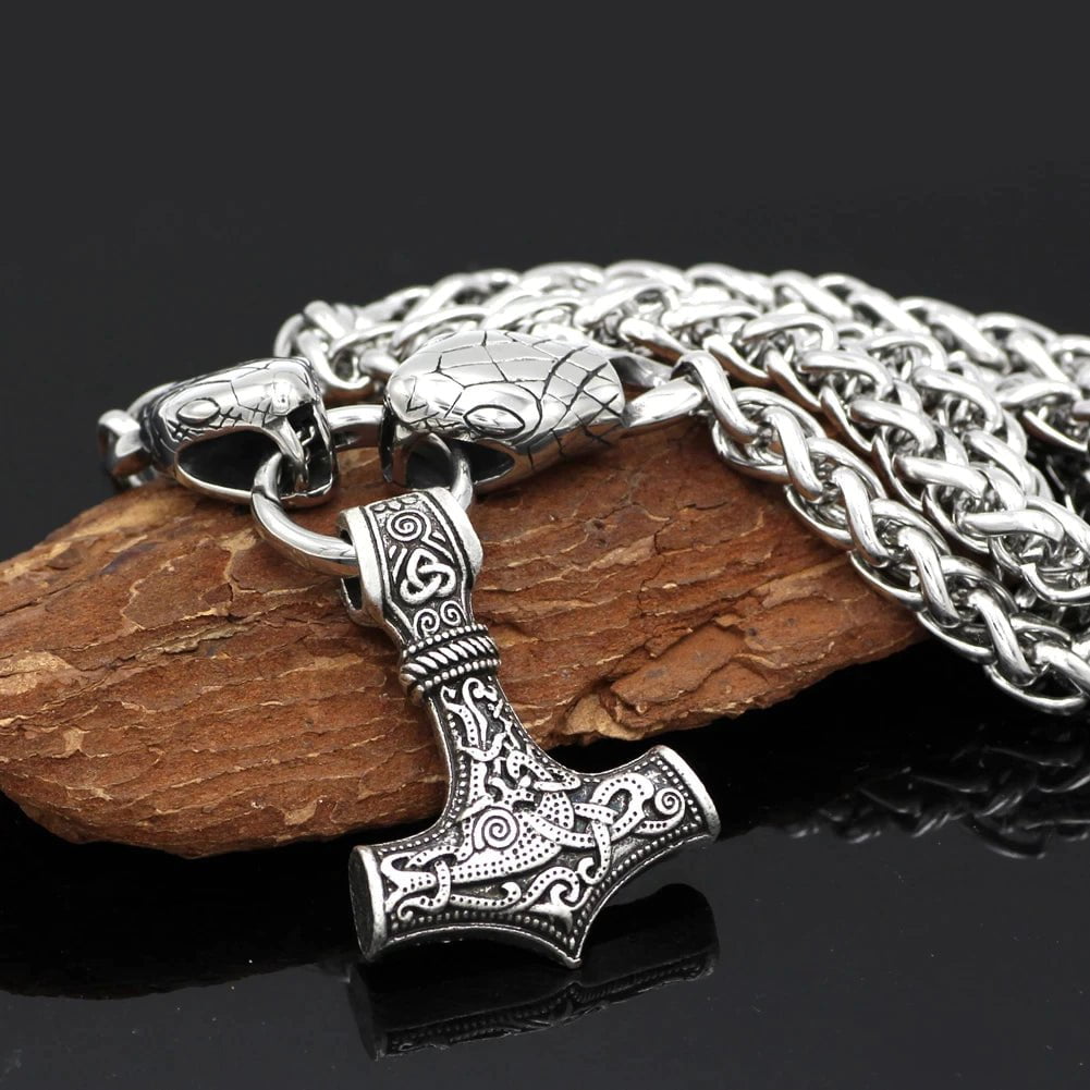 Pendant and Necklaces Vikings Snake Head Mjolnir Stainless Steel Necklace Ancient Treasures Ancientreasures Viking Odin Thor Mjolnir Celtic Ancient Egypt Norse Norse Mythology