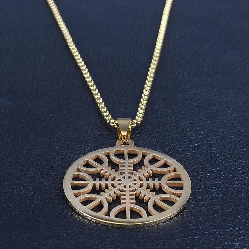 Pendant Necklaces 60cm Box GD Pagan Amulet Helmet of Awe Aegishjalmur Vickling Compass Talisman Scandinavian Vegvisir Gold Golor Stainless Steel Necklaces|Pendant Necklaces| Ancient Treasures Ancientreasures Viking Odin Thor Mjolnir Celtic Ancient Egypt Norse Norse Mythology