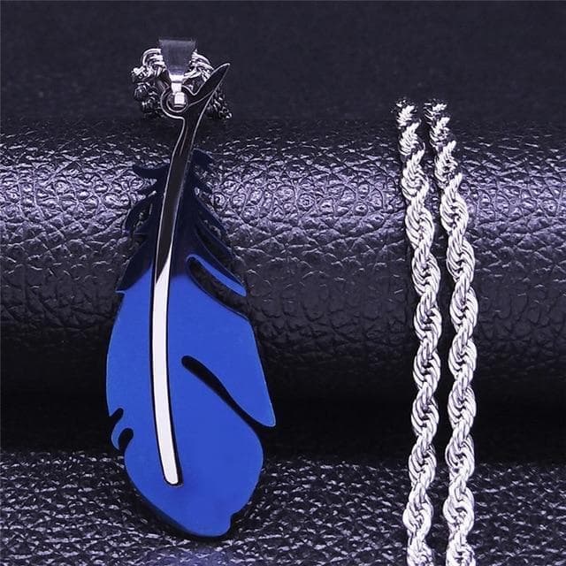 Pendant Necklaces Blue Native American Feather Solid Stainless Steel Necklace Ancient Treasures Ancientreasures Viking Odin Thor Mjolnir Celtic Ancient Egypt Norse Norse Mythology