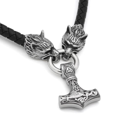 Pendant Necklaces Stainless Steel Leather Norse Viking Geri & Freki Wolves of Odin Necklace