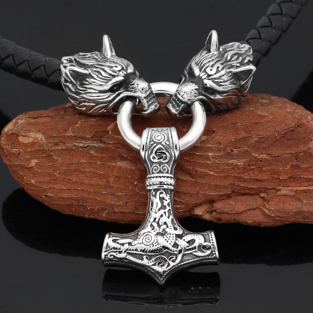 Pendant Necklaces Stainless Steel Leather Norse Viking Geri & Freki Wolves of Odin Necklace