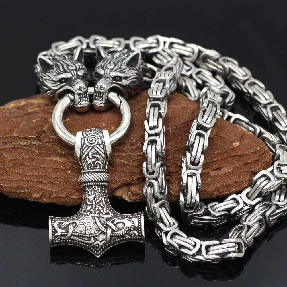 Pendants & Necklaces 50CM / 20 Inches Massive Stainless Steel Wolf King Chain with Mjolnir Ancient Treasures Ancientreasures Viking Odin Thor Mjolnir Celtic Ancient Egypt Norse Norse Mythology