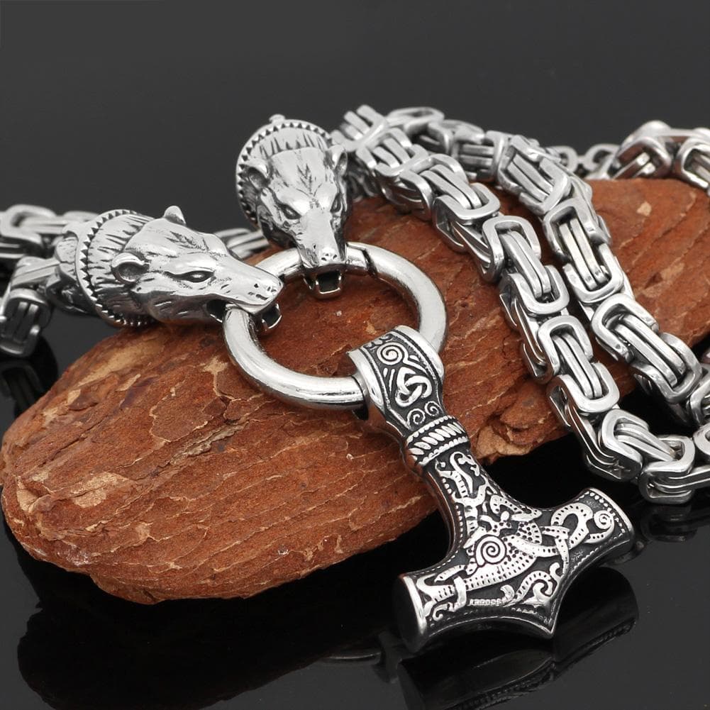 Pendants & Necklaces 70 CM / 28 INCHES Stainless Steel King’s Chain Geri & Freki Mjolnir Ancient Treasures Ancientreasures Viking Odin Thor Mjolnir Celtic Ancient Egypt Norse Norse Mythology