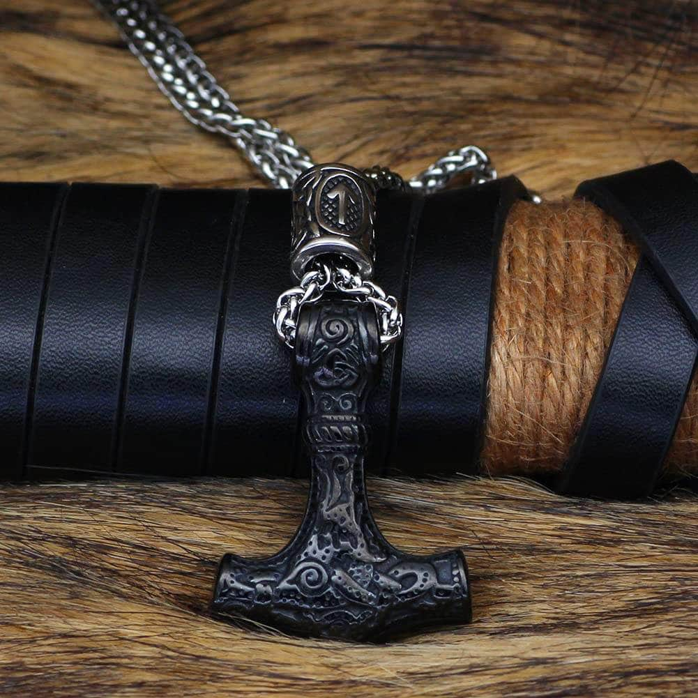 Pendants & Necklaces Black Matt Viking Mjolnir Stainless Steel Necklace with Rune Bead Ancient Treasures Ancientreasures Viking Odin Thor Mjolnir Celtic Ancient Egypt Norse Norse Mythology