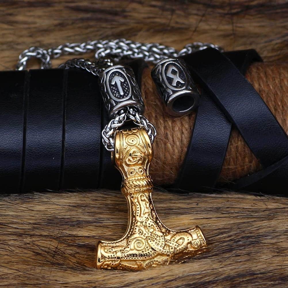 Pendants & Necklaces Gold Viking Mjolnir Stainless Steel Necklace with Rune Bead Ancient Treasures Ancientreasures Viking Odin Thor Mjolnir Celtic Ancient Egypt Norse Norse Mythology