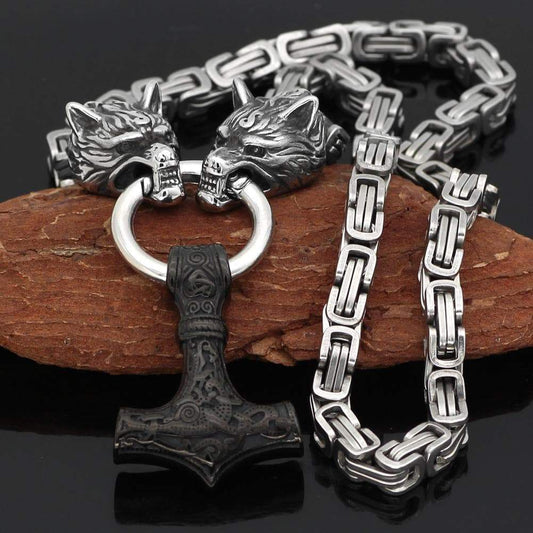 Pendants & Necklaces Massive Stainless Steel Wolf King Chain with Black Mjolnir Ancient Treasures Ancientreasures Viking Odin Thor Mjolnir Celtic Ancient Egypt Norse Norse Mythology