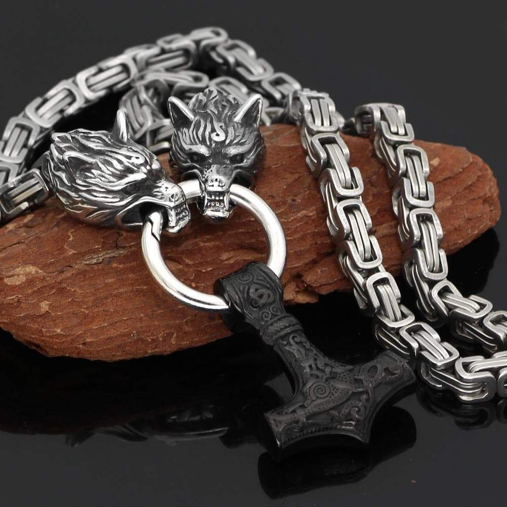 Pendants & Necklaces Massive Stainless Steel Wolf King Chain with Black Mjolnir Ancient Treasures Ancientreasures Viking Odin Thor Mjolnir Celtic Ancient Egypt Norse Norse Mythology