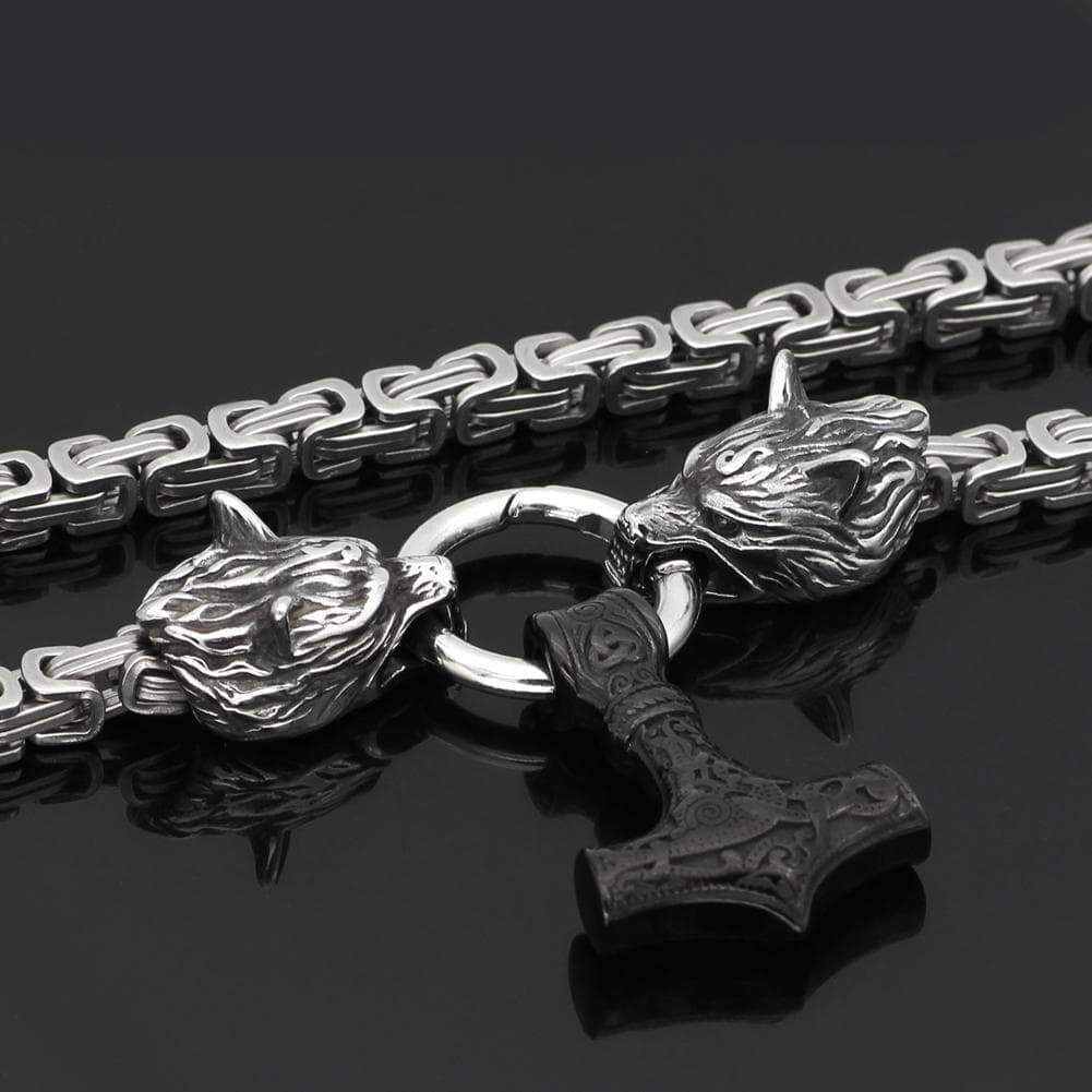 Pendants & Necklaces Massive Stainless Steel Wolf King Chain with Black Mjolnir Ancient Treasures Ancientreasures Viking Odin Thor Mjolnir Celtic Ancient Egypt Norse Norse Mythology