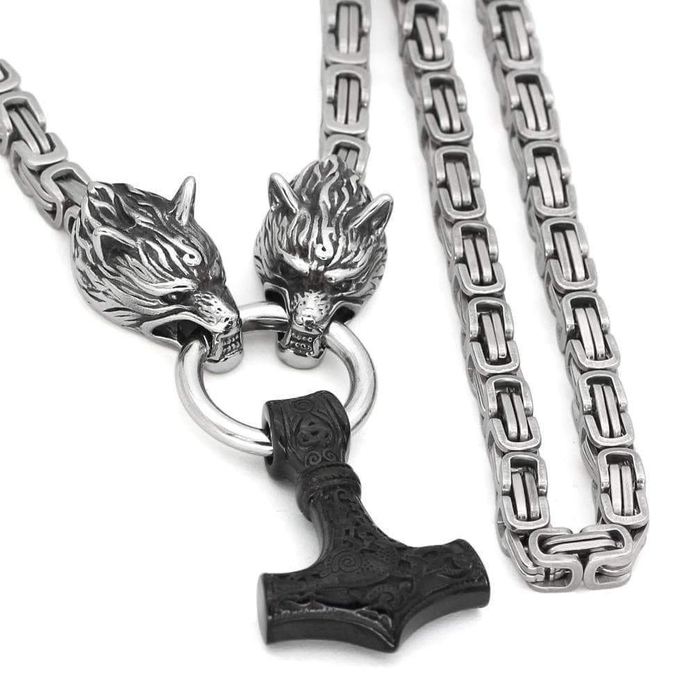 Pendants & Necklaces Massive Stainless Steel Wolf King Chain with Black Mjolnir Ancient Treasures Ancientreasures Viking Odin Thor Mjolnir Celtic Ancient Egypt Norse Norse Mythology