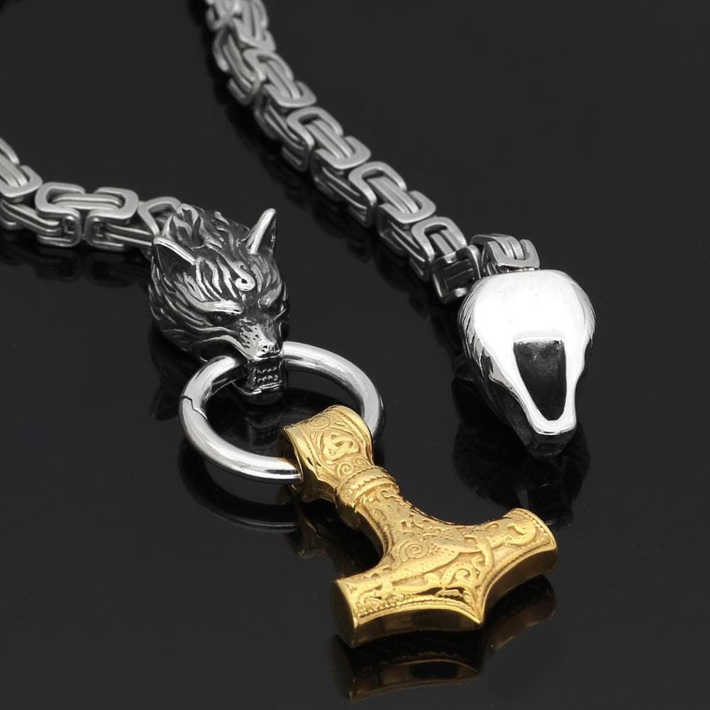 Pendants & Necklaces Massive Stainless Steel Wolf King Chain with Gold Mjolnir