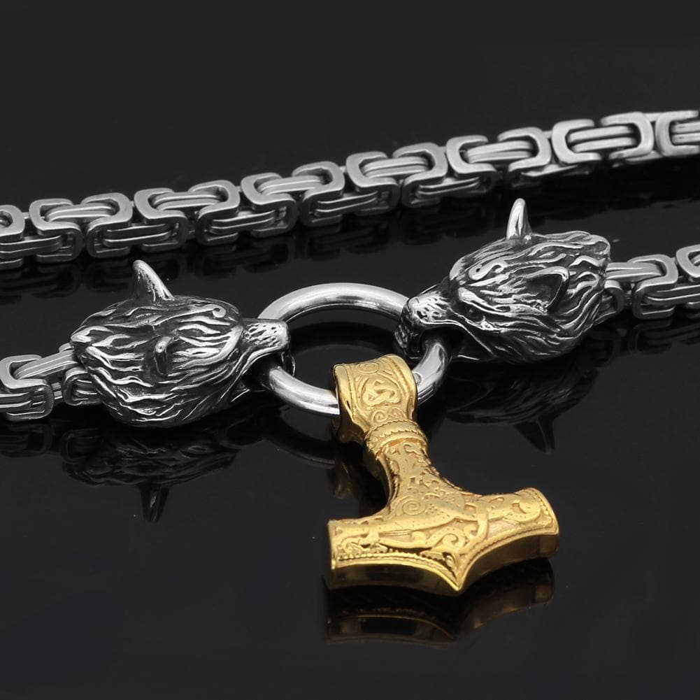 Pendants & Necklaces Massive Stainless Steel Wolf King Chain with Gold Mjolnir