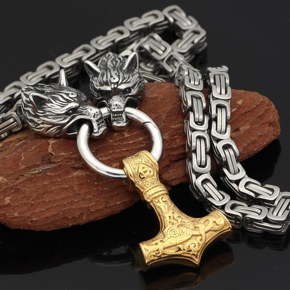 Pendants & Necklaces Massive Stainless Steel Wolf King Chain with Gold Mjolnir