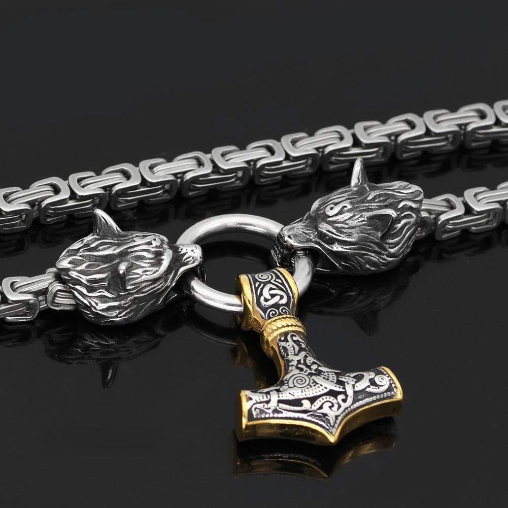 Pendants & Necklaces Massive Stainless Steel Wolf King Chain with Gold & Silver Mjolnir Ancient Treasures Ancientreasures Viking Odin Thor Mjolnir Celtic Ancient Egypt Norse Norse Mythology