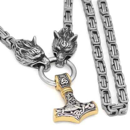 Pendants & Necklaces Massive Stainless Steel Wolf King Chain with Gold & Silver Mjolnir Ancient Treasures Ancientreasures Viking Odin Thor Mjolnir Celtic Ancient Egypt Norse Norse Mythology