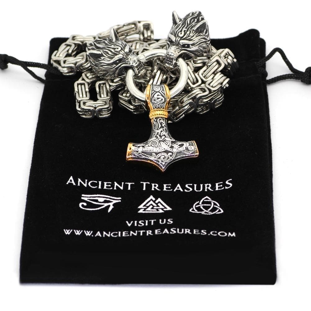 Pendants & Necklaces Massive Stainless Steel Wolf King Chain with Gold & Silver Mjolnir Ancient Treasures Ancientreasures Viking Odin Thor Mjolnir Celtic Ancient Egypt Norse Norse Mythology