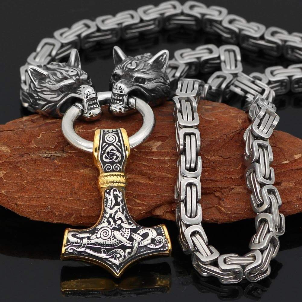 Pendants & Necklaces Massive Stainless Steel Wolf King Chain with Gold & Silver Mjolnir Ancient Treasures Ancientreasures Viking Odin Thor Mjolnir Celtic Ancient Egypt Norse Norse Mythology