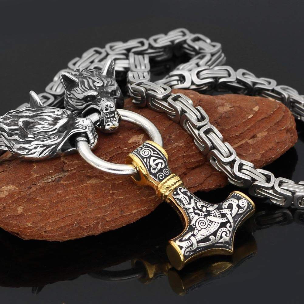 Pendants & Necklaces Massive Stainless Steel Wolf King Chain with Gold & Silver Mjolnir Ancient Treasures Ancientreasures Viking Odin Thor Mjolnir Celtic Ancient Egypt Norse Norse Mythology