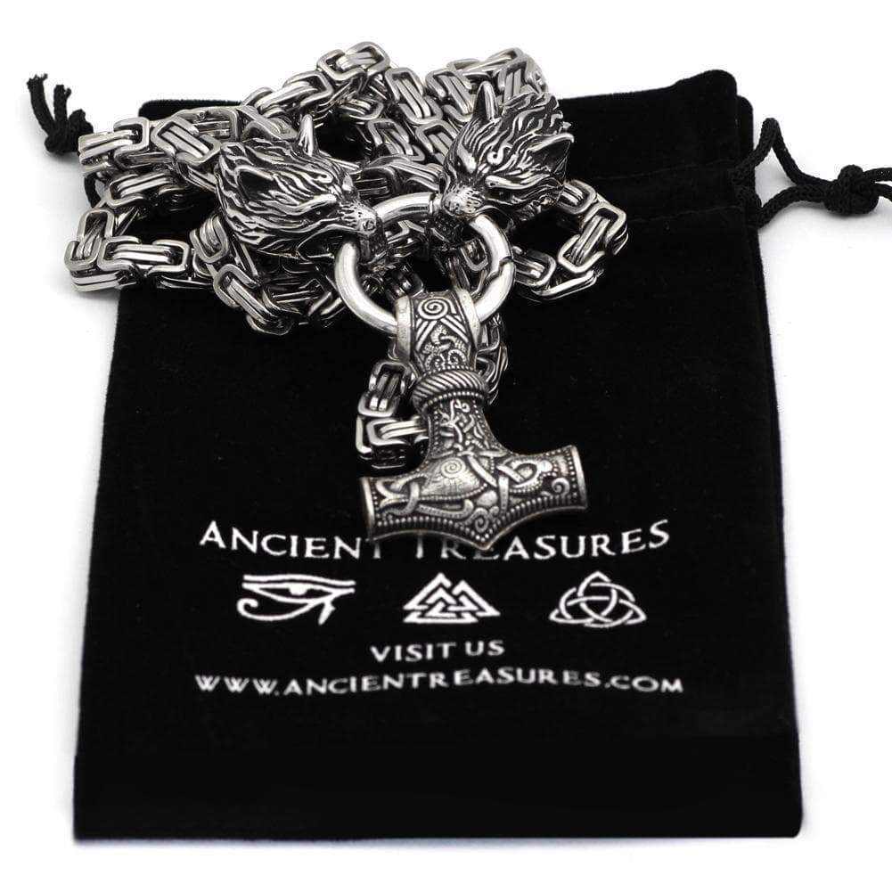 Pendants & Necklaces Massive Stainless Steel Wolf King Chain with Mjolnir Ancient Treasures Ancientreasures Viking Odin Thor Mjolnir Celtic Ancient Egypt Norse Norse Mythology