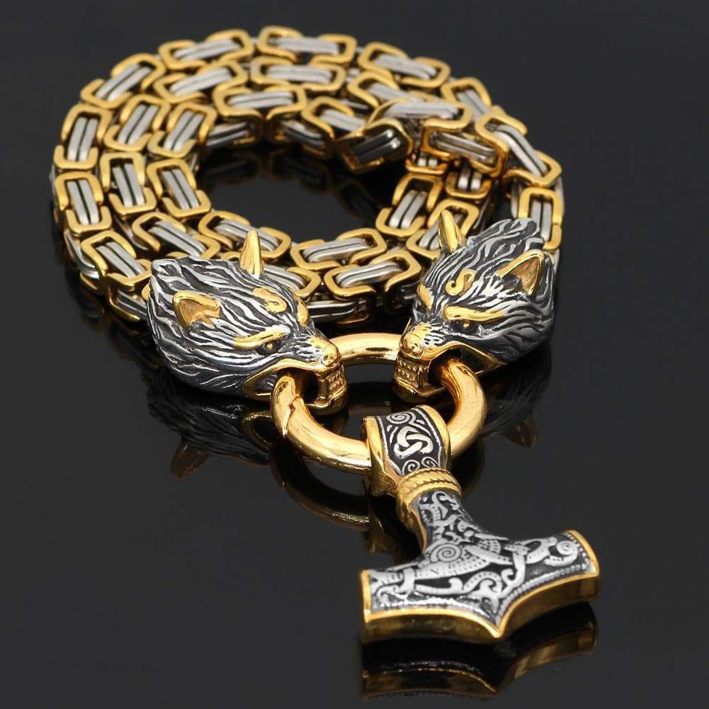 Pendants & Necklaces Massive Stainless Steel Wolf King Chain with Mjolnir Ancient Treasures Ancientreasures Viking Odin Thor Mjolnir Celtic Ancient Egypt Norse Norse Mythology