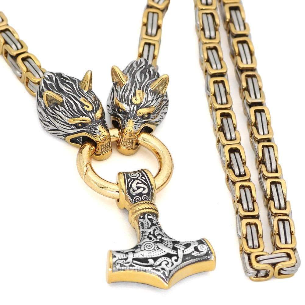 Pendants & Necklaces Massive Stainless Steel Wolf King Chain with Mjolnir Ancient Treasures Ancientreasures Viking Odin Thor Mjolnir Celtic Ancient Egypt Norse Norse Mythology