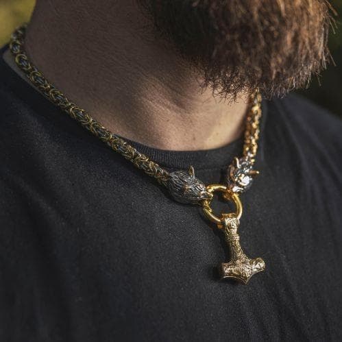 Pendants & Necklaces Massive Stainless Steel Wolf King Chain with Mjolnir Ancient Treasures Ancientreasures Viking Odin Thor Mjolnir Celtic Ancient Egypt Norse Norse Mythology