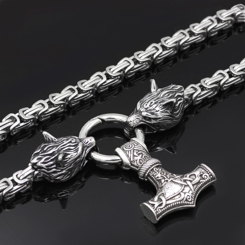 Pendants & Necklaces Massive Stainless Steel Wolf King Chain with Mjolnir Ancient Treasures Ancientreasures Viking Odin Thor Mjolnir Celtic Ancient Egypt Norse Norse Mythology