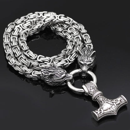 Pendants & Necklaces Massive Stainless Steel Wolf King Chain with Mjolnir Ancient Treasures Ancientreasures Viking Odin Thor Mjolnir Celtic Ancient Egypt Norse Norse Mythology