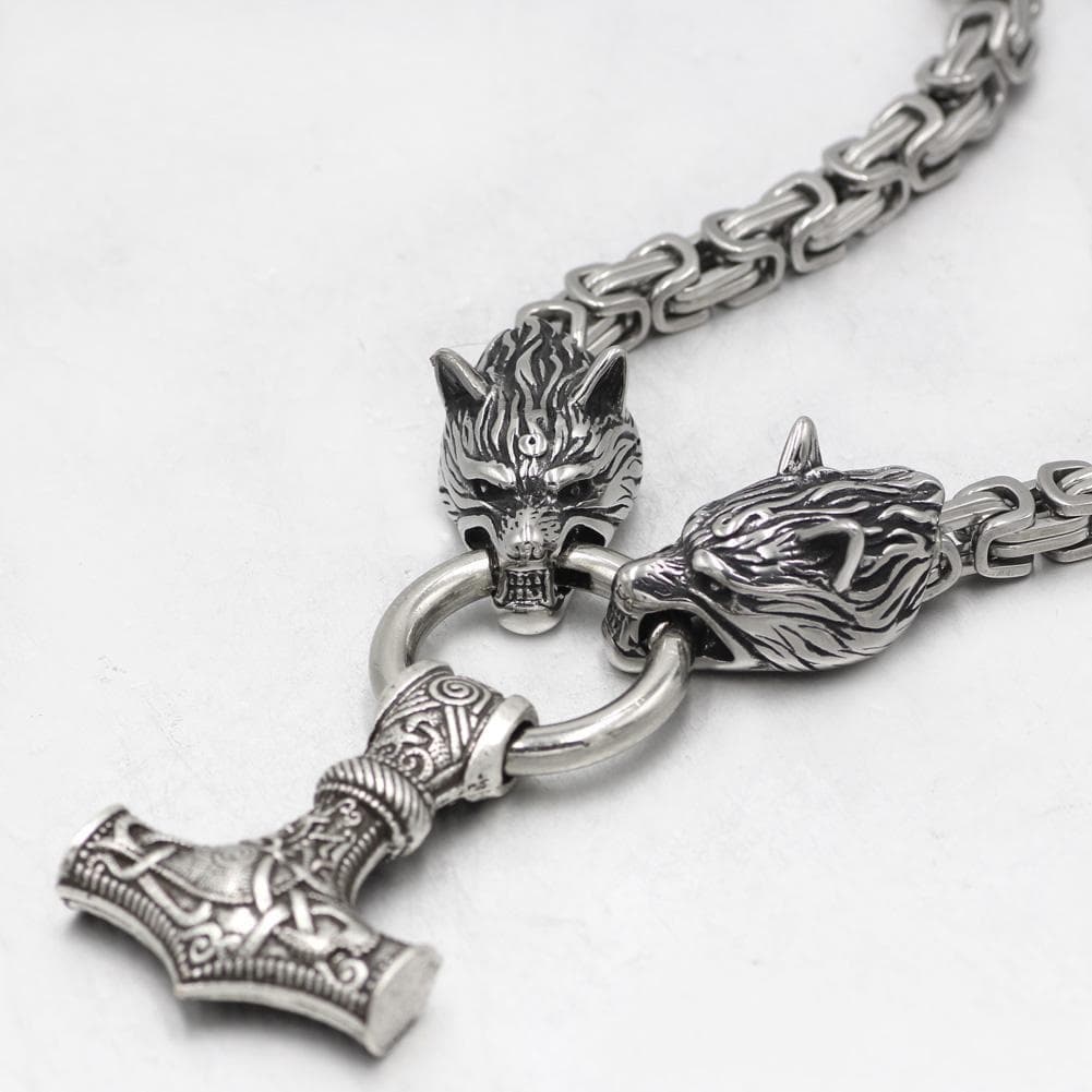 Pendants & Necklaces Massive Stainless Steel Wolf King Chain with Mjolnir Ancient Treasures Ancientreasures Viking Odin Thor Mjolnir Celtic Ancient Egypt Norse Norse Mythology