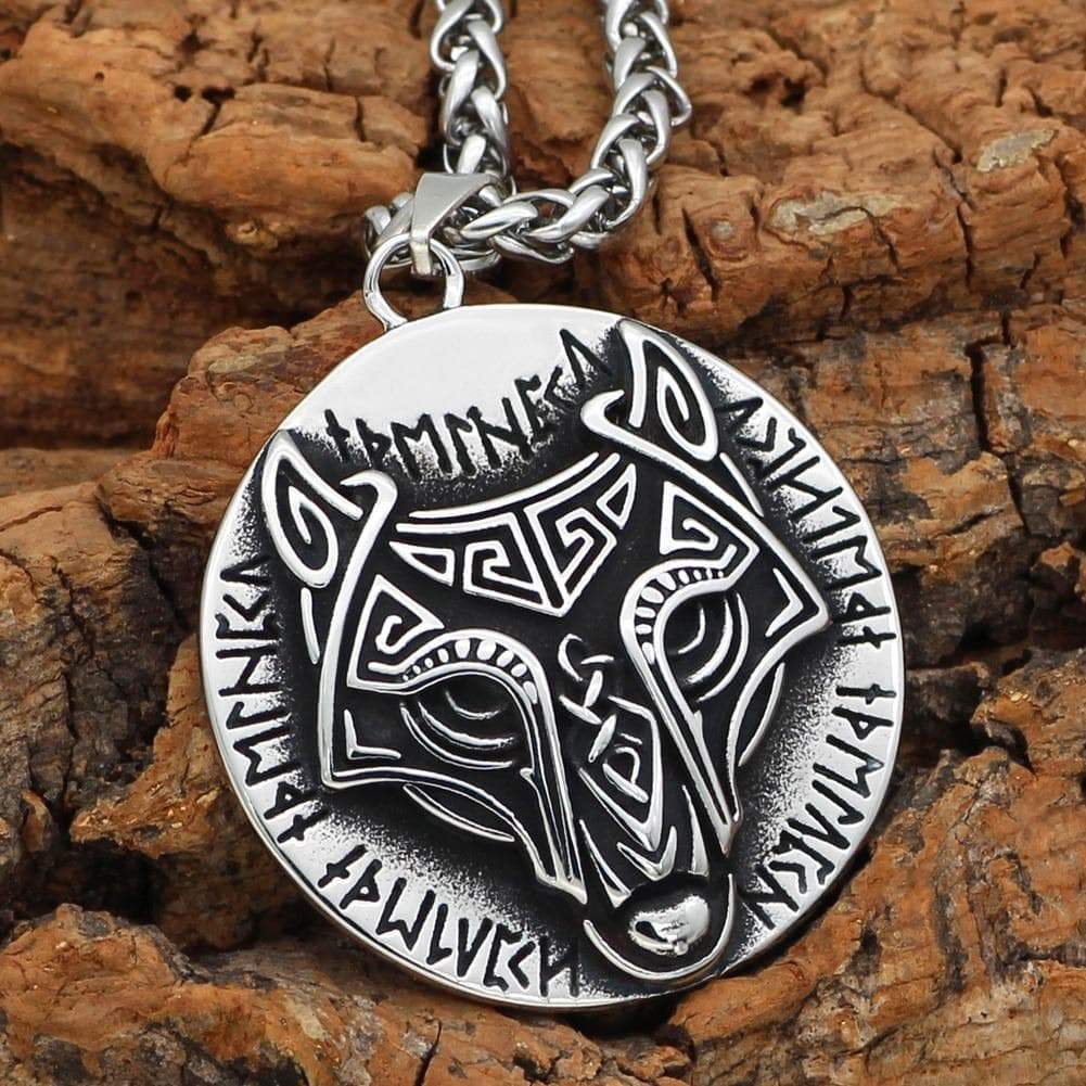 Vikings Runes Wolf Disc Pendant Necklace