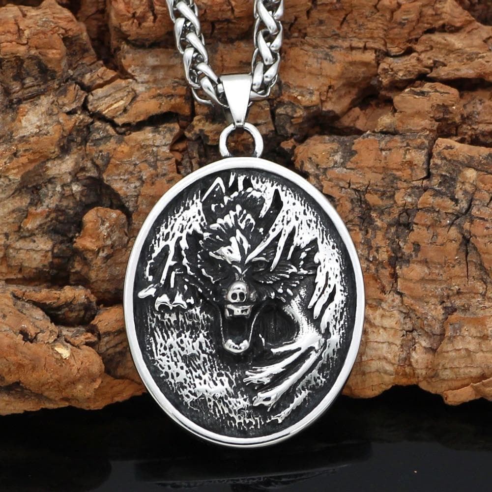 Viking Nordic Wolf - Fenrir Stainless Steel Oval Pendant and Necklace