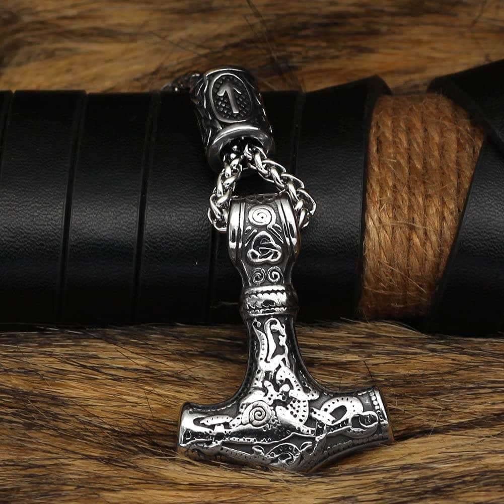 Pendants & Necklaces Silver Viking Mjolnir Stainless Steel Necklace with Rune Bead Ancient Treasures Ancientreasures Viking Odin Thor Mjolnir Celtic Ancient Egypt Norse Norse Mythology