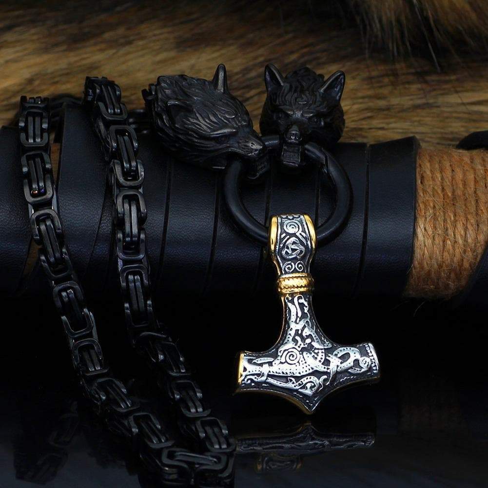 Pendants & Necklaces Stainless Steel Black Wolf Chain Silver & Gold Mjolnir Ancient Treasures Ancientreasures Viking Odin Thor Mjolnir Celtic Ancient Egypt Norse Norse Mythology