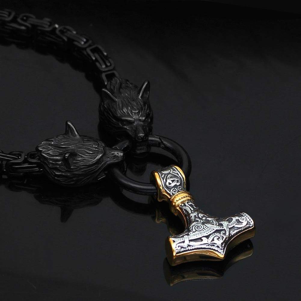 Pendants & Necklaces Stainless Steel Black Wolf Chain Silver & Gold Mjolnir Ancient Treasures Ancientreasures Viking Odin Thor Mjolnir Celtic Ancient Egypt Norse Norse Mythology