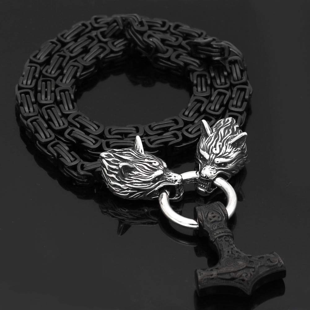 Pendants & Necklaces Stainless Steel Wolf Head Black King Chain with Black Mjolnir Ancient Treasures Ancientreasures Viking Odin Thor Mjolnir Celtic Ancient Egypt Norse Norse Mythology