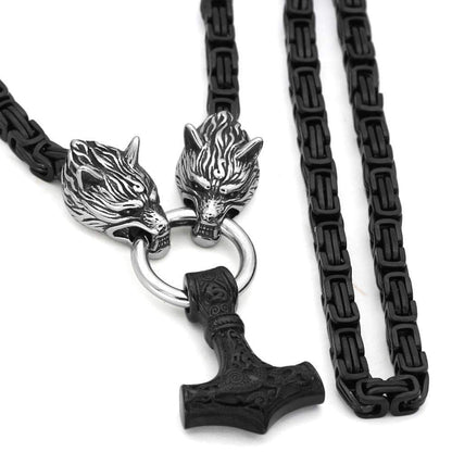 Pendants & Necklaces Stainless Steel Wolf Head Black King Chain with Black Mjolnir Ancient Treasures Ancientreasures Viking Odin Thor Mjolnir Celtic Ancient Egypt Norse Norse Mythology