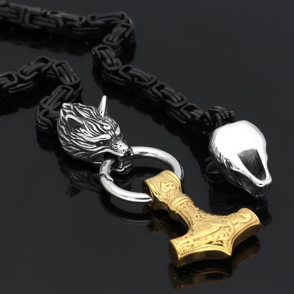 Pendants & Necklaces Stainless Steel Wolf Head Black King Chain with Gold Mjolnir