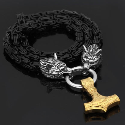 Pendants & Necklaces Stainless Steel Wolf Head Black King Chain with Gold Mjolnir