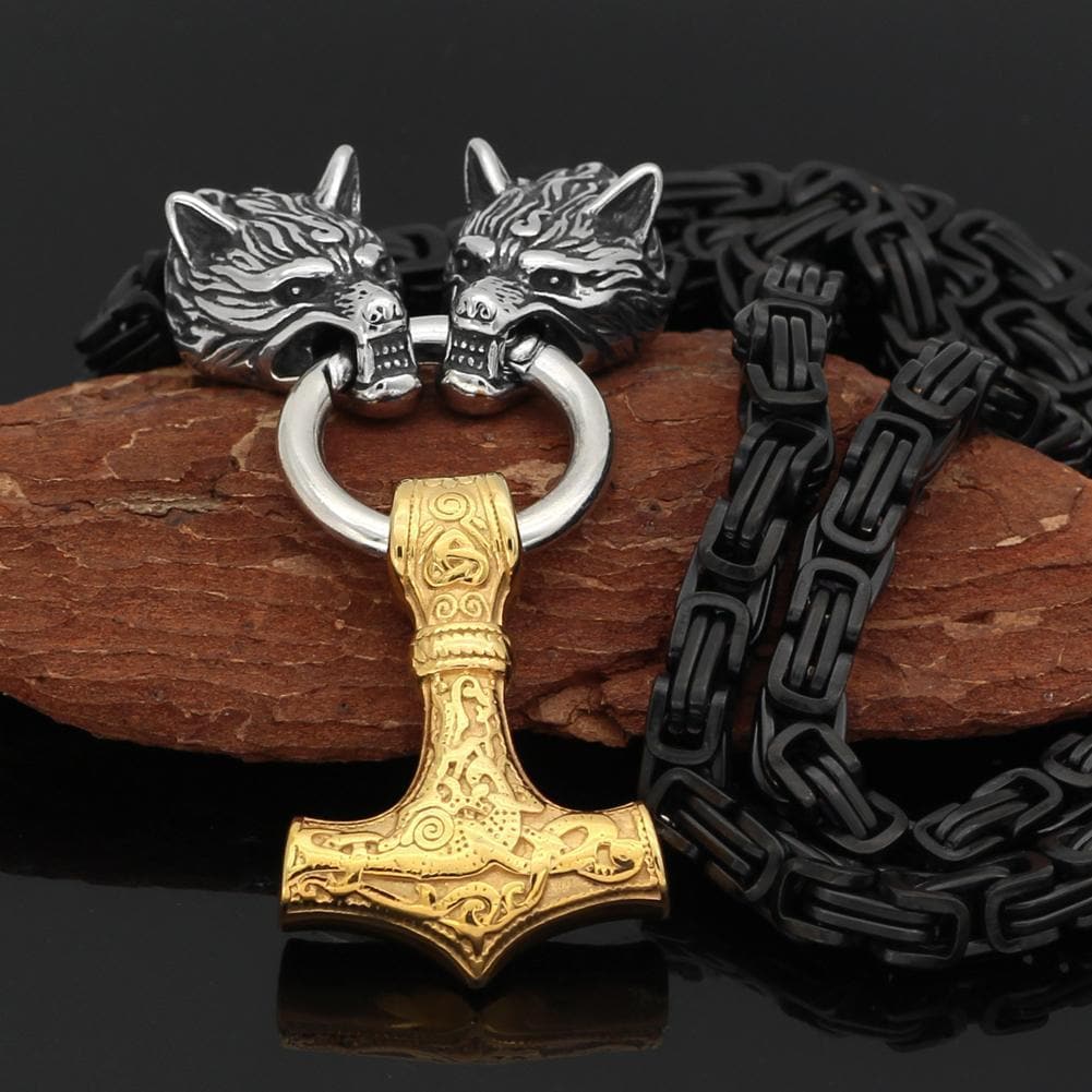 Pendants & Necklaces Stainless Steel Wolf Head Black King Chain with Gold Mjolnir