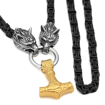 Pendants & Necklaces Stainless Steel Wolf Head Black King Chain with Gold Mjolnir