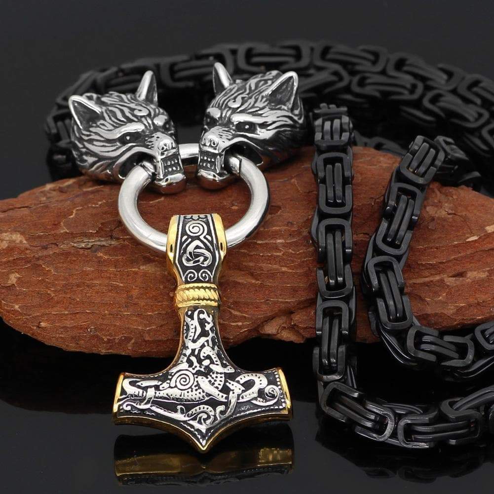 Pendants & Necklaces Stainless Steel Wolf Head Black King Chain with Gold & Silver Mjolnir Ancient Treasures Ancientreasures Viking Odin Thor Mjolnir Celtic Ancient Egypt Norse Norse Mythology